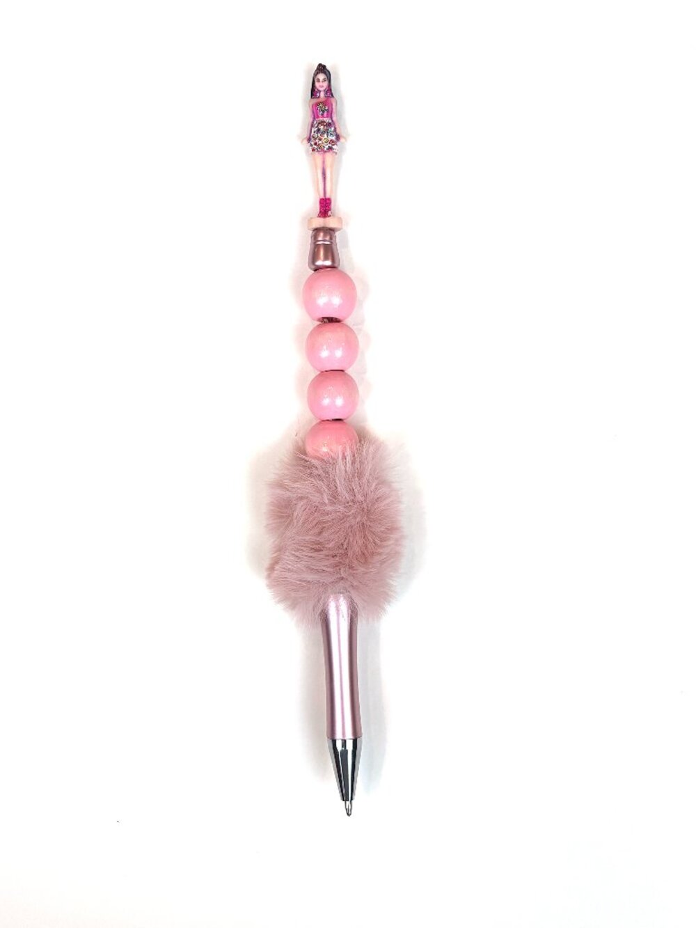 Cute round beads fluffy pink pom-pom accent and miniature doll topper pen. New